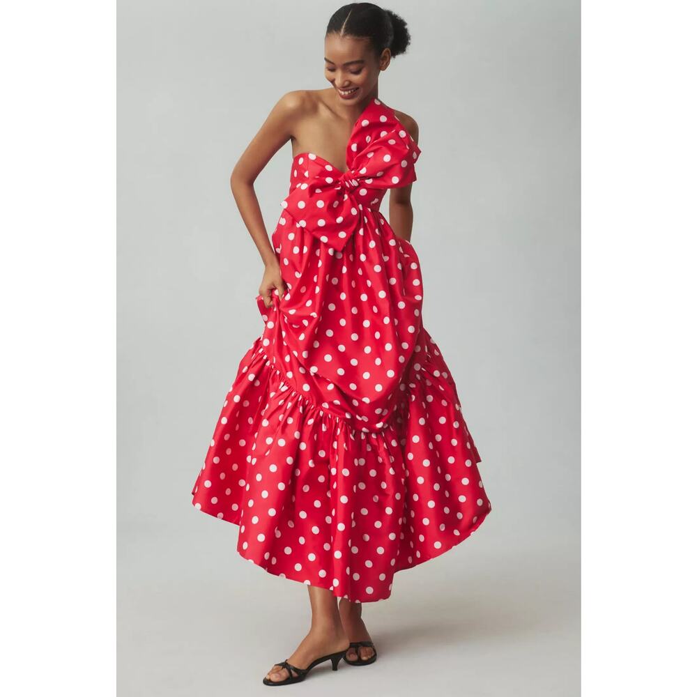 nwt ANTHROPOLOGIE ATSU sz M Sally Bow Midi Dress in Red white polka dot motif
